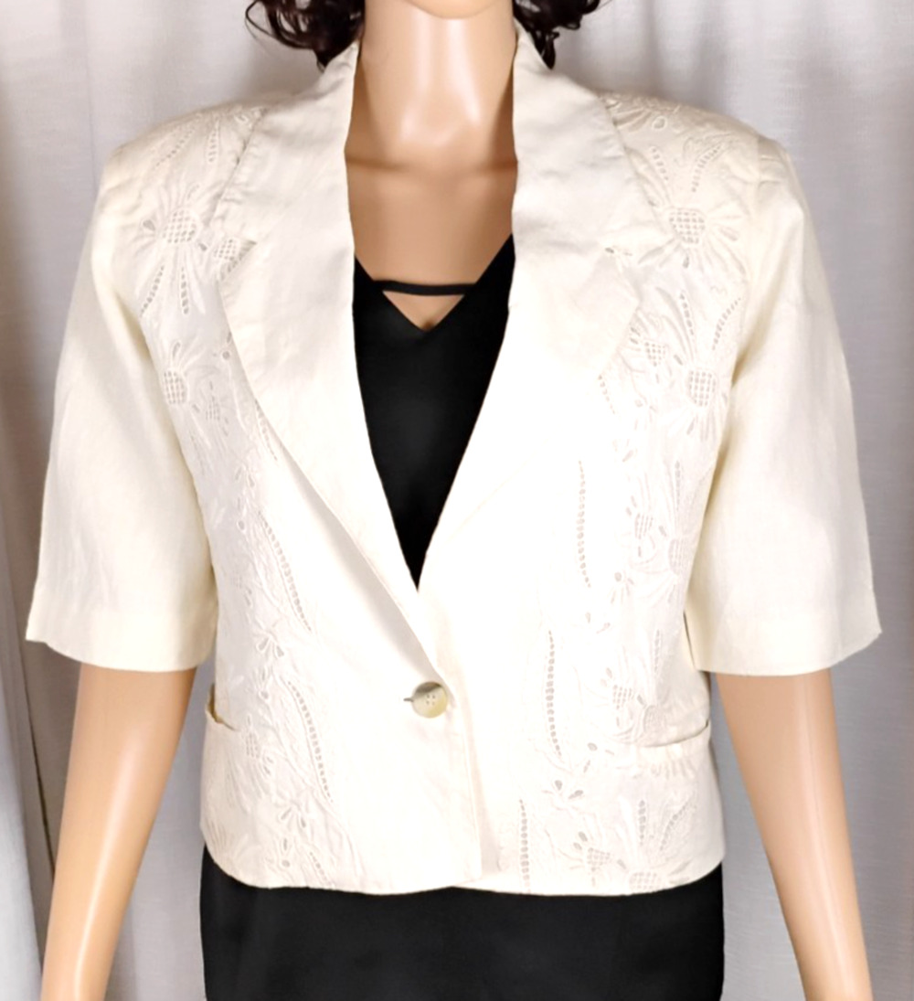 VTG Byblos Italy Linen Eyelet Floral Embroidered Cropped Blazer Cottagecore 46